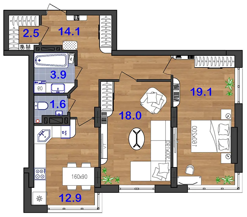 Двухкомнатная квартира · 64.4 м² · ЖК Аквамарин