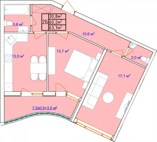 Двухкомнатная квартира · 69.45 м² · ЖК Аквамарин