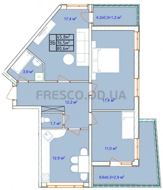 Трёхкомнатная квартира · 79.8 м² · ЖК Аквамарин