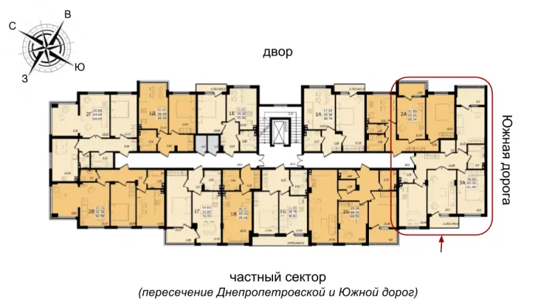 ЖК Золотая Эра Дом №7 трехкомнатная 81,59 кв.м Расположение на этаже
