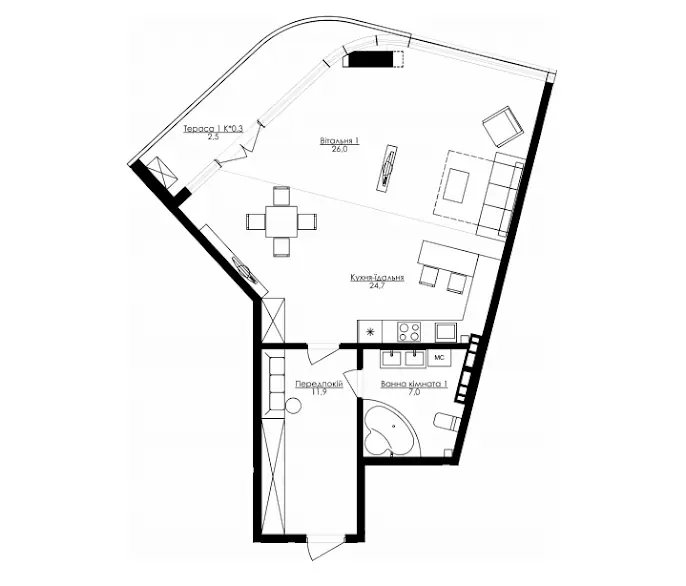 Однокомнатные апартаменты · 76.4 м² · ЖК Kandinsky