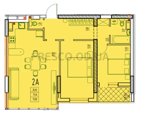 Двухкомнатная квартира · 77.37 м² · ЖК Дерби