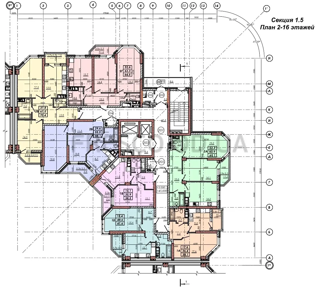 ЖК RealPark (Реал Парк) план 2-16 этажа секция 1.5