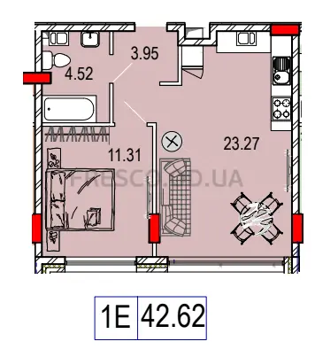 Однокомнатная квартира · 42.62 м² · ЖК Дерби