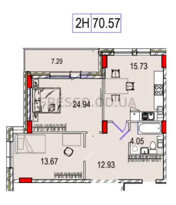 Двухкомнатная квартира · 70.57 м² · ЖК Дерби