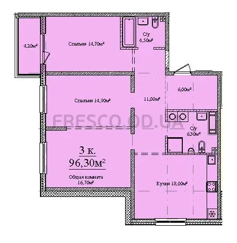 Трёхкомнатная квартира · 96.3 м² · ЖК Sky City