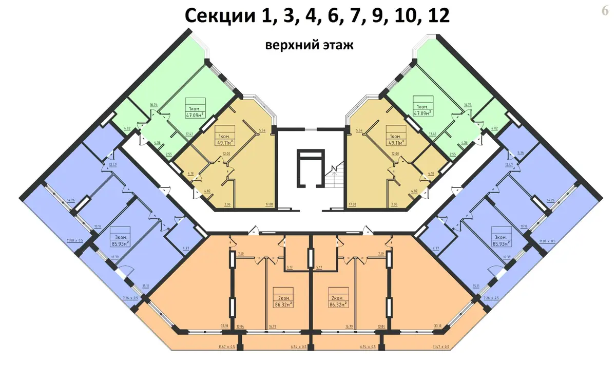 ЖК Avinion (Авиньон) план 1,3,4,6,7,9,10,12 секций верхний этаж