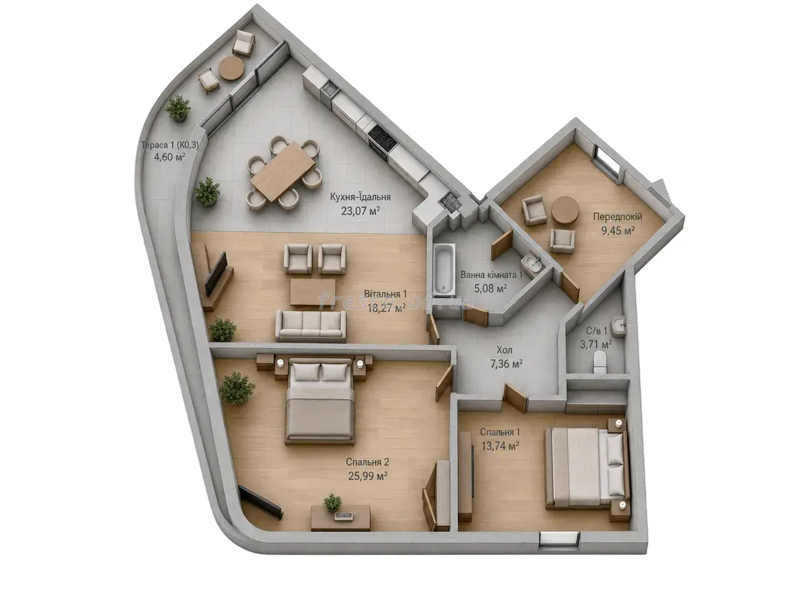 Двухкомнатные апартаменты · 111.27 м² · ЖК Kandinsky
