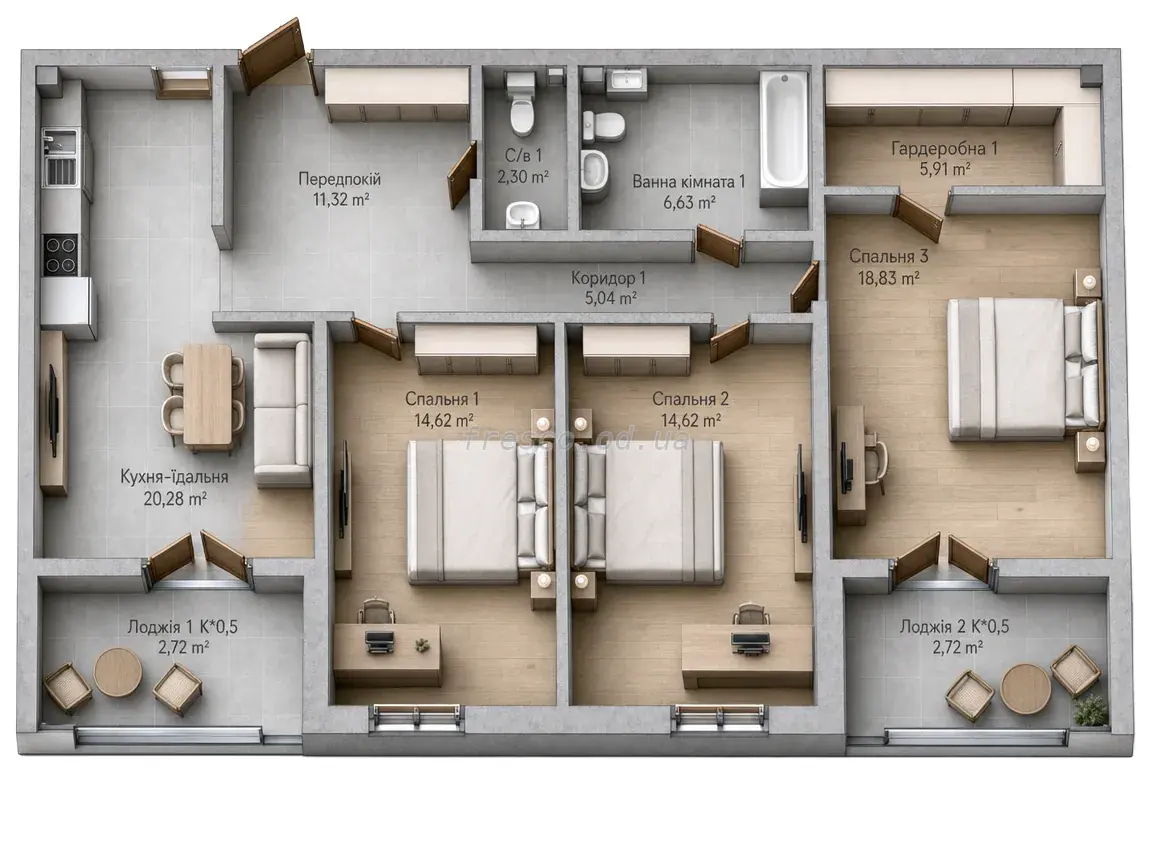 Трёхкомнатные апартаменты · 104.99 м² · ЖК Kandinsky