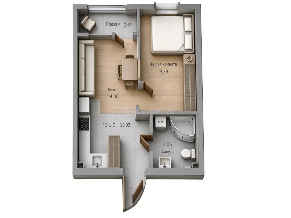 Однокомнатная квартира · 29.02 м² · ЖК Кекс (Keks)