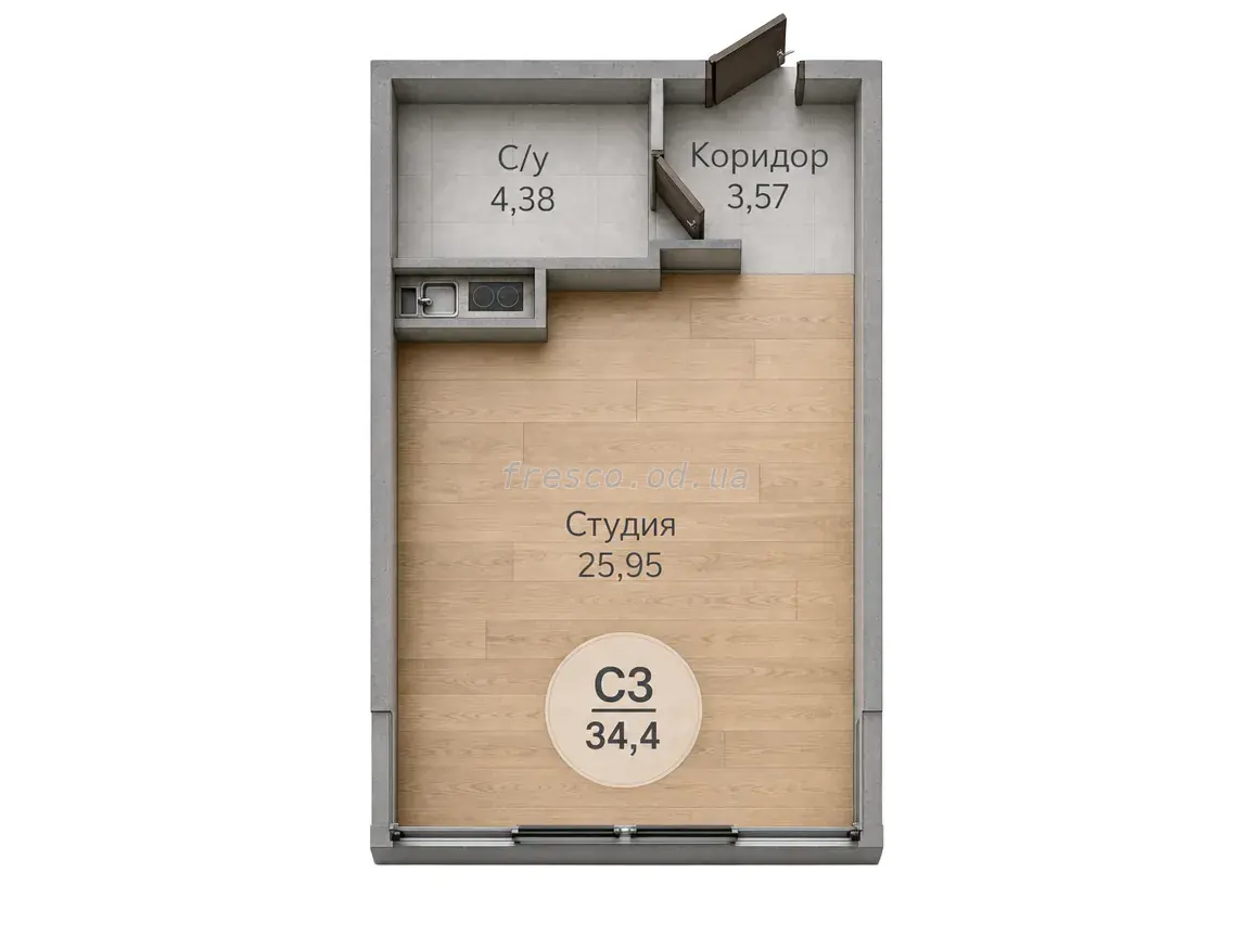 Студия · 34.4 м² · ЖК Новая Европа