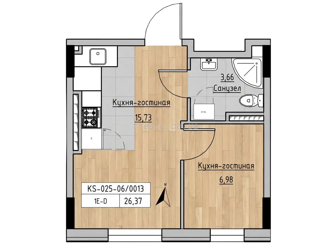 Однокомнатная квартира · 26.37 м² · ЖК Кекс (Keks)