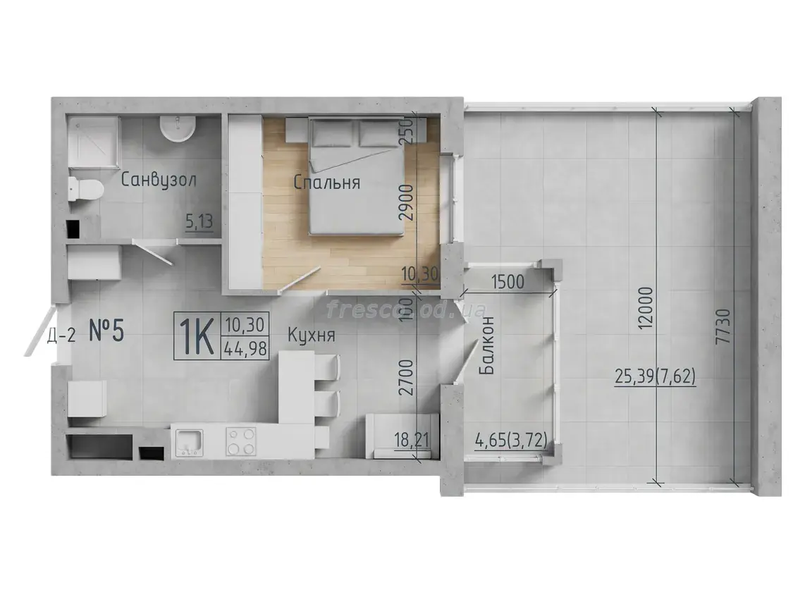 Однокомнатная квартира · 45.1 м² · ЖК Акварель-7
