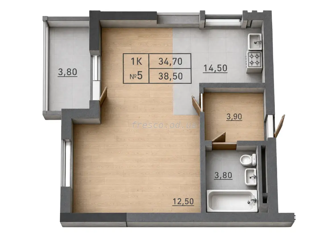 Однокомнатная квартира · 38.5 м² · ЖК Акварель 3