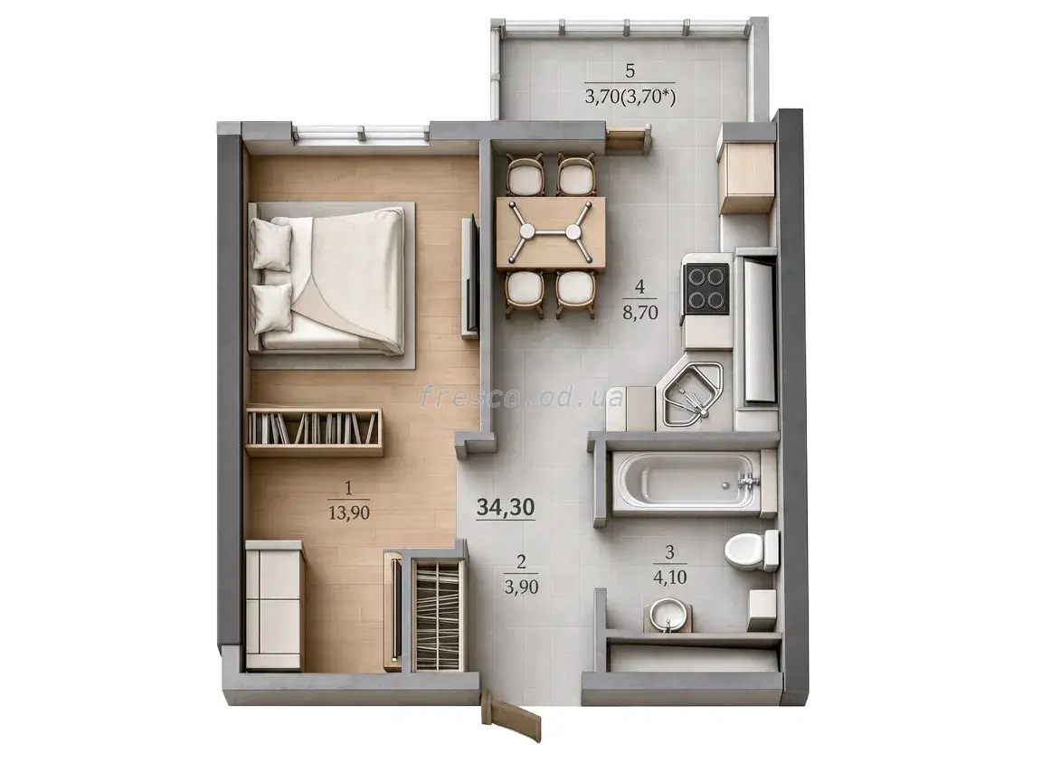Однокомнатная квартира · 34.3 м² · ЖК Таировские сады
