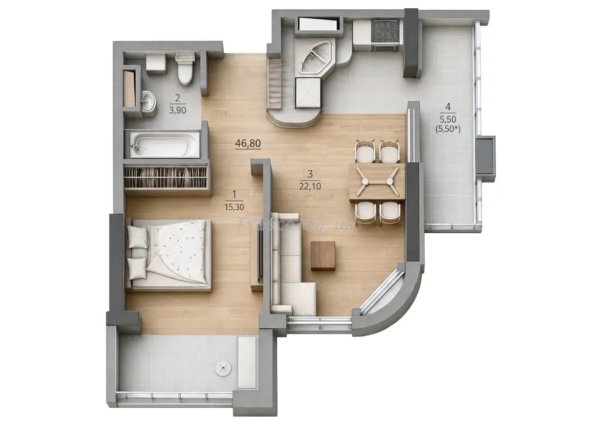 Однокомнатная квартира · 46.8 м² · ЖК Таировские сады
