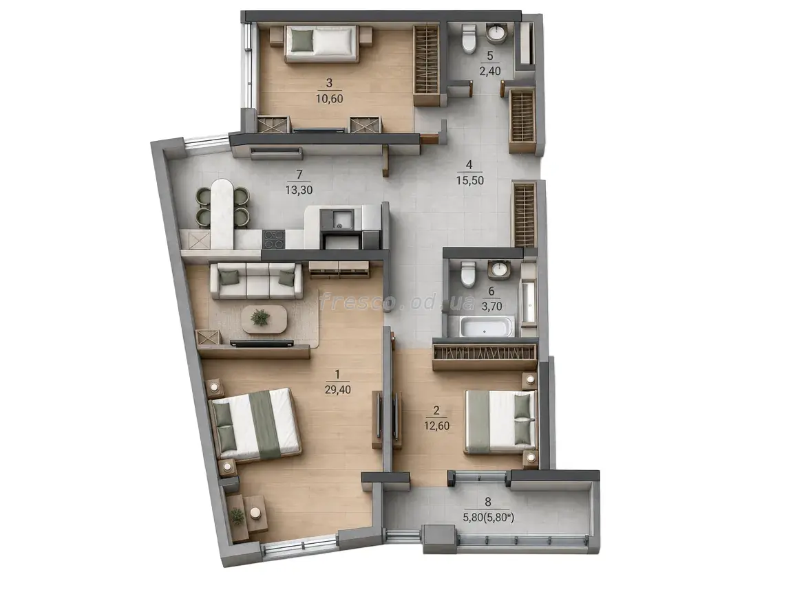 Трёхкомнатная квартира · 93.3 м² · ЖК Таировские сады