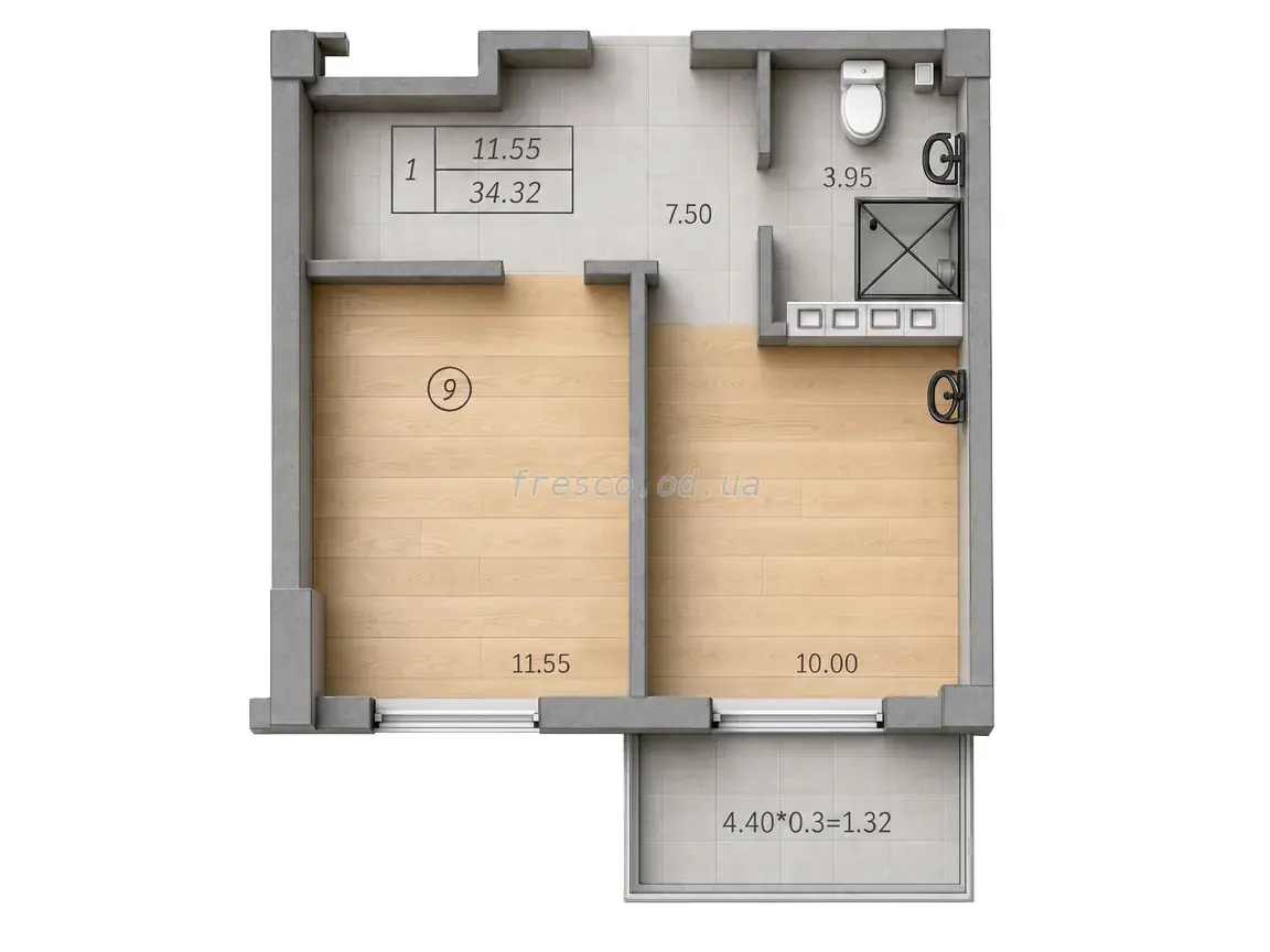 Однокомнатные апартаменты · 34.74 м² · ЖК Лидерсовский