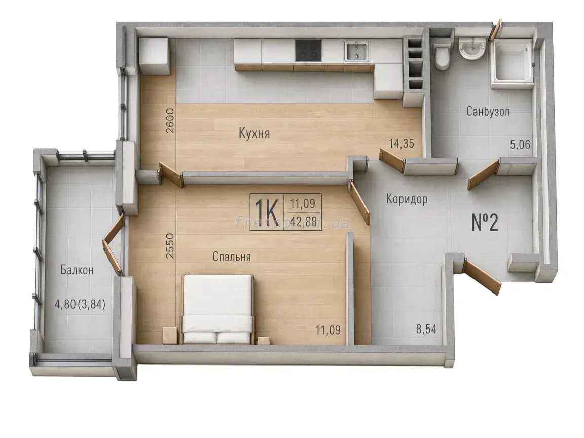 Однокомнатная квартира · 43.5 м² · ЖК Акварель-7