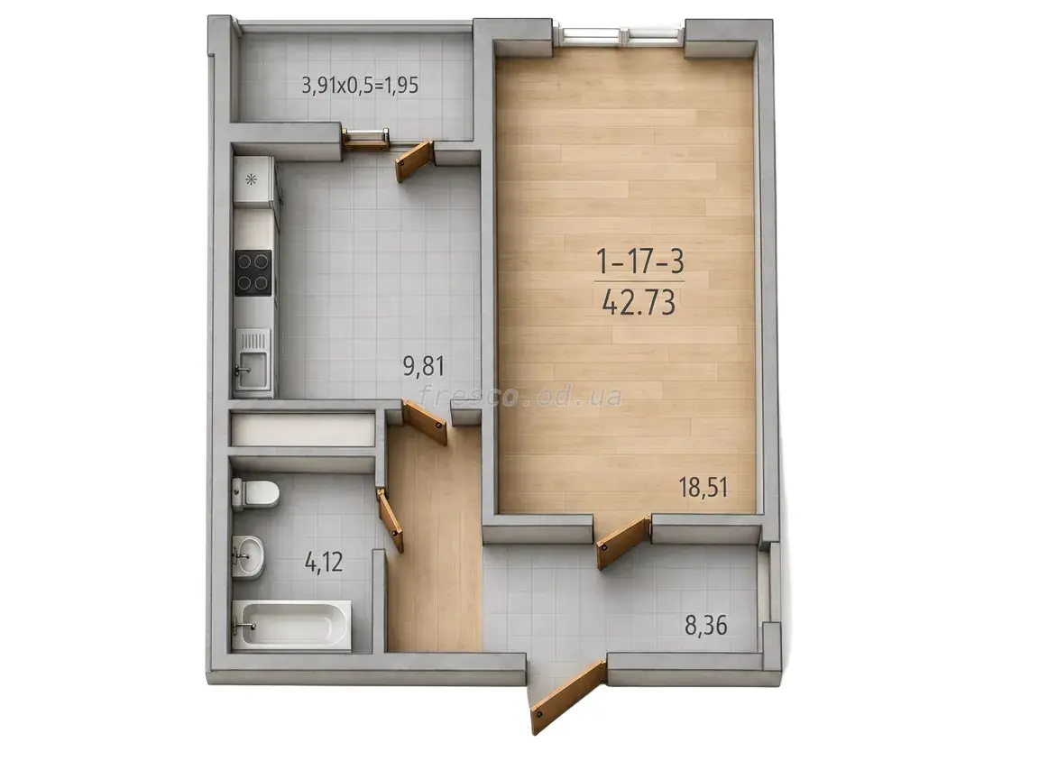 Однокомнатная квартира · 42.0 м² · ЖК 66 Жемчужина