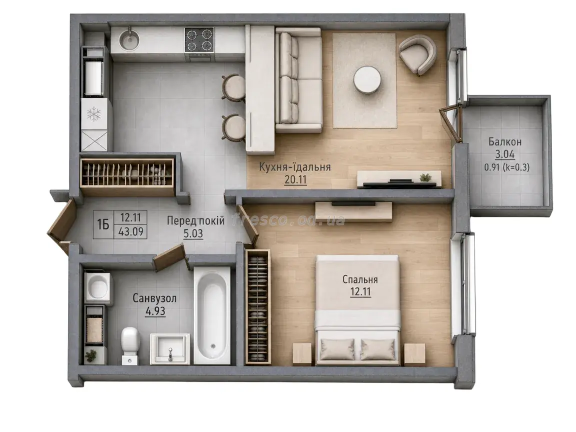 Однокомнатная квартира · 43.0 м² · ЖК Sky City