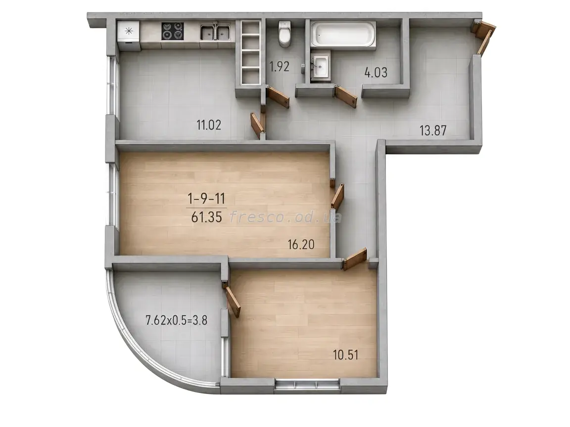 Двухкомнатная квартира · 61.0 м² · ЖК 68 Жемчужина