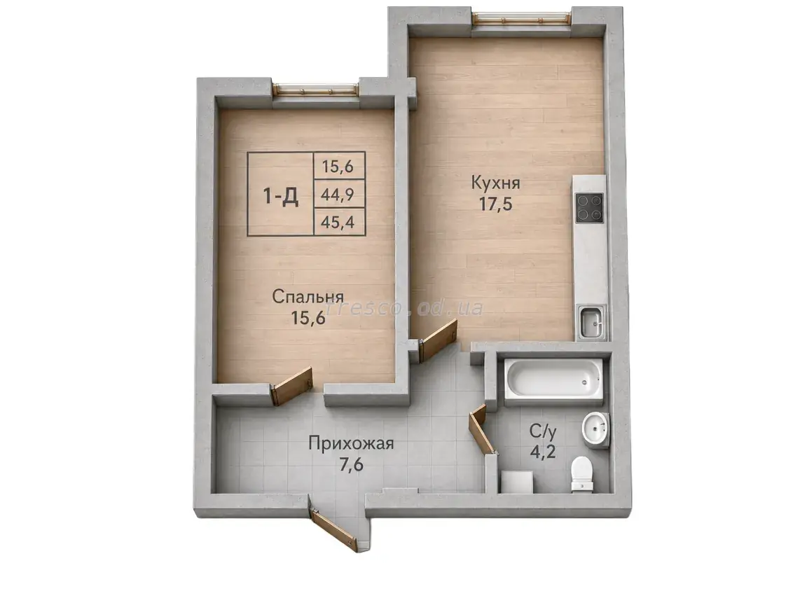 Однокомнатная квартира · 44.35 м² · ЖК Парк Совиньон