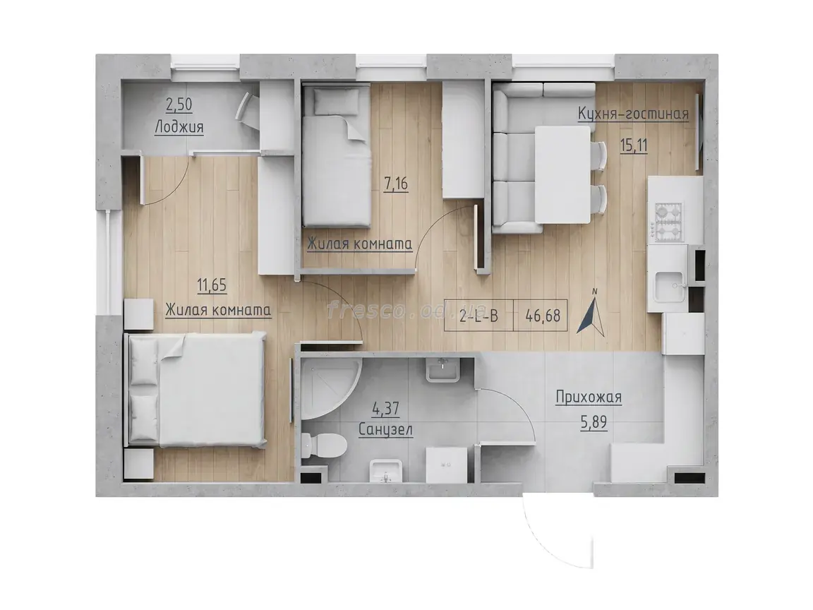 Двухкомнатная квартира · 46.68 м² · ЖК Кекс (Keks)