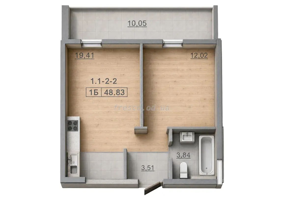 Однокомнатная квартира · 48.83 м² · Кадорр на Даче Ковалевского