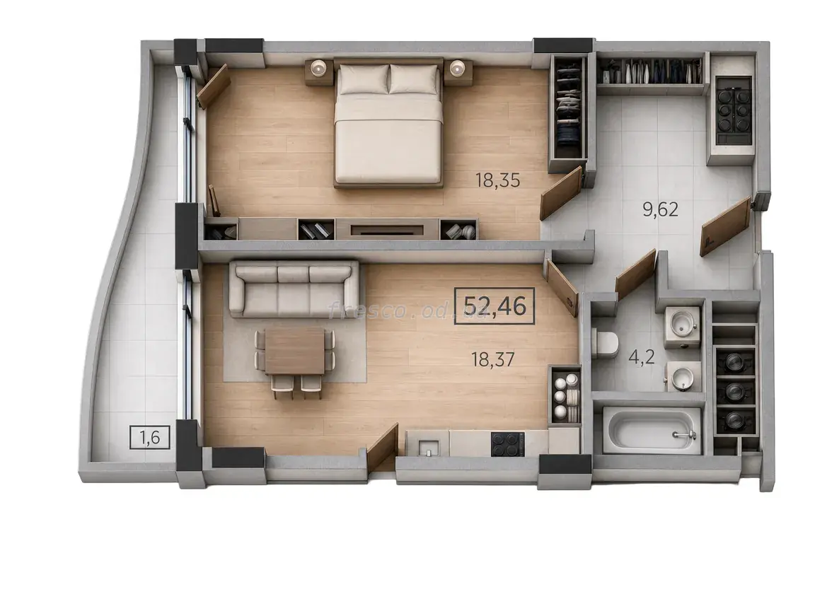 Однокомнатная квартира · 56.14 м² · ЖК UNITY TOWERS (ЮНИТИ ТАУЭРС)