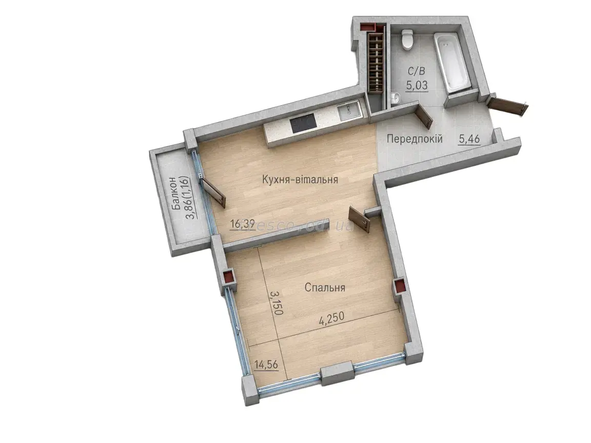 Однокомнатные апартаменты · 40.93 м² · ITown (АйТаун)