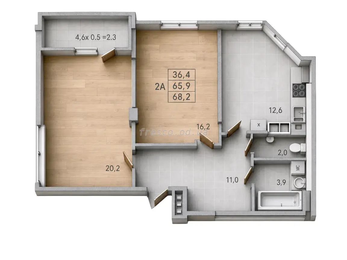 Двухкомнатная квартира · 68.2 м² · ЖК RealPark (Реал Парк)