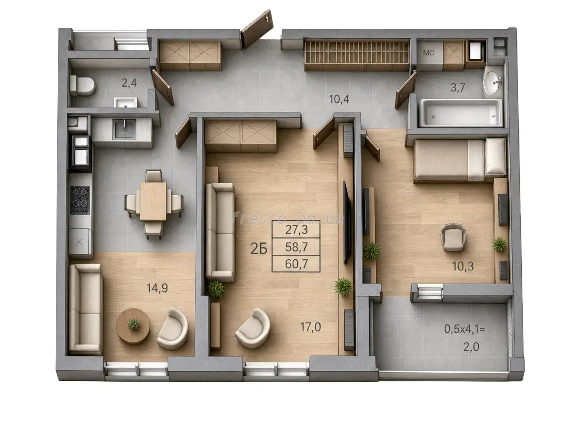 Двухкомнатная · 60.7 м² · ЖК RealPark (Реал Парк)