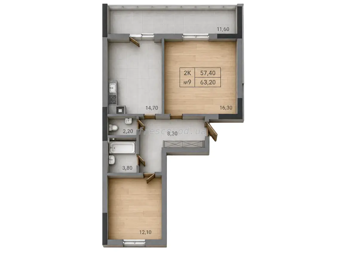 Двухкомнатная квартира · 67.9 м² · ЖК Акварель 3