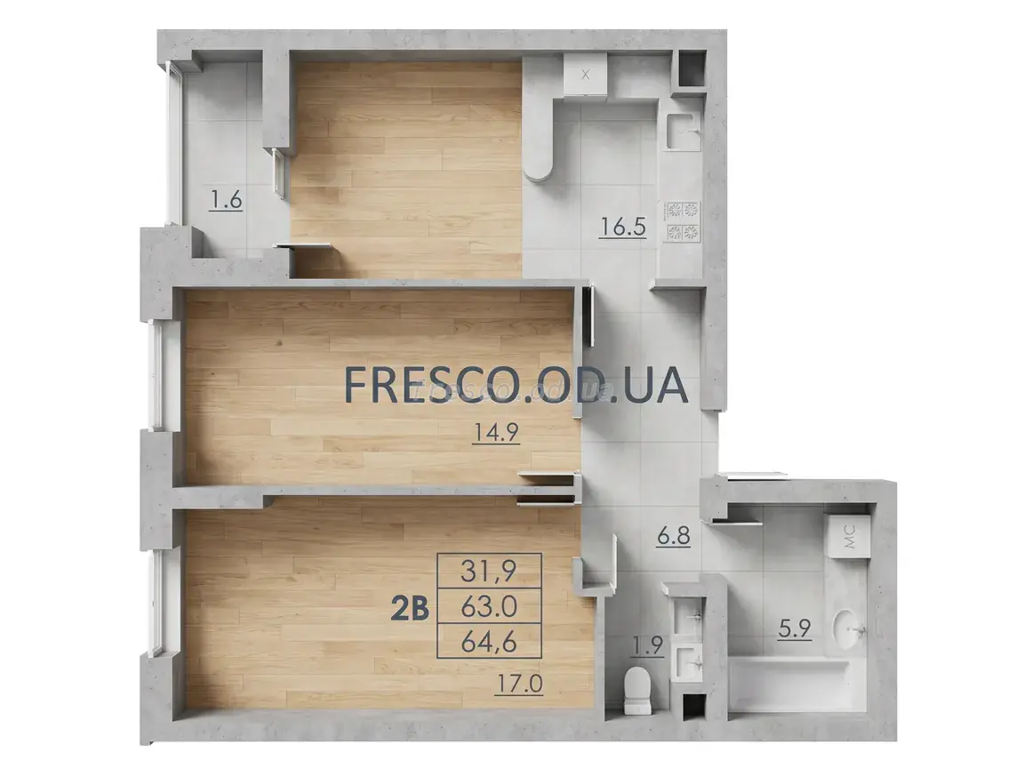 Двухкомнатная квартира · 64.6 м² · ЖК RealPark (Реал Парк)