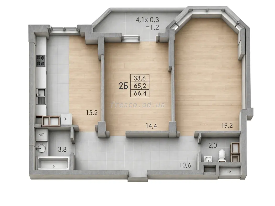 Двухкомнатная квартира · 66.4 м² · ЖК RealPark (Реал Парк)