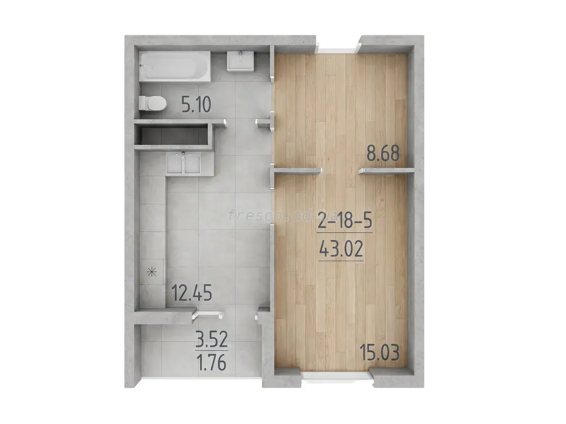 Однокомнатная квартира · 43.0 м² · ЖК 65 Жемчужина