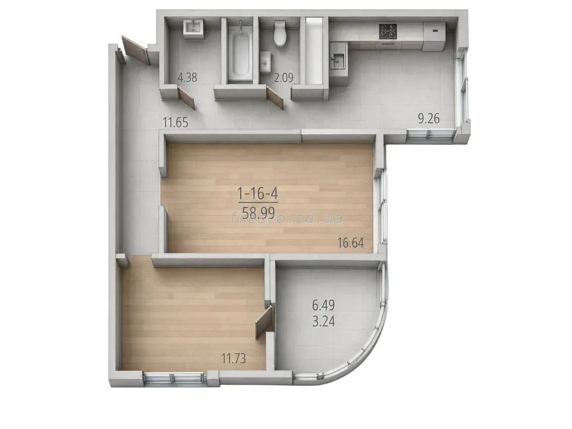 Двухкомнатная квартира · 58.3 м² · ЖК 65 Жемчужина