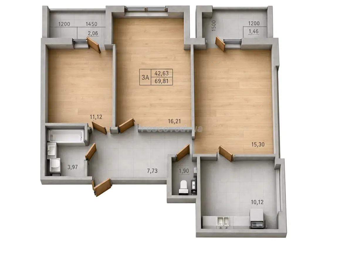 Трёхкомнатная квартира · 69.87 м² · ЖК Сити Парк