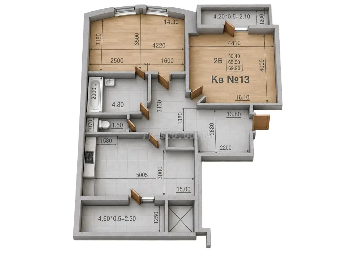 Двухкомнатная квартира · 69.9 м² · ЖК Parkside