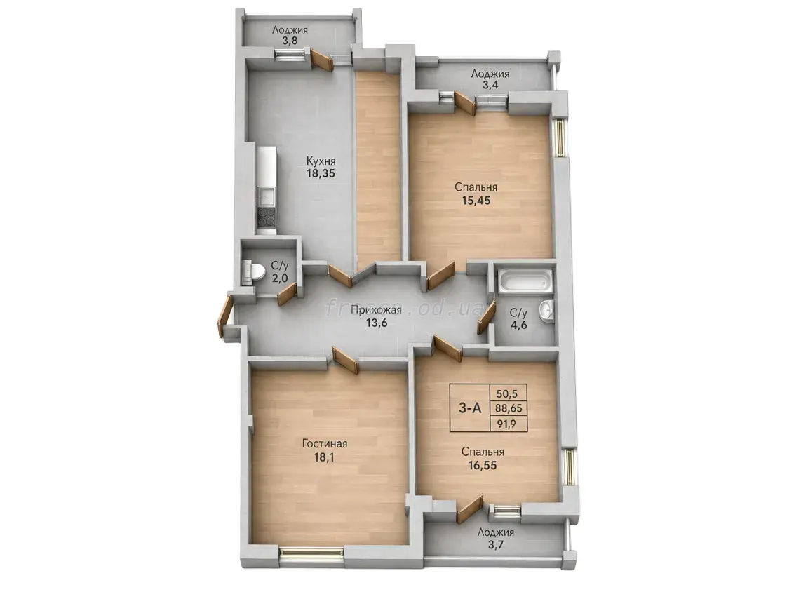 Трёхкомнатная квартира · 91.7 м² · ЖК Парк Совиньон