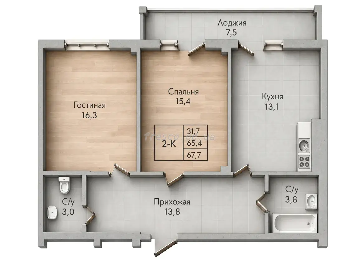 Двухкомнатная квартира · 67.1 м² · ЖК Парк Совиньон