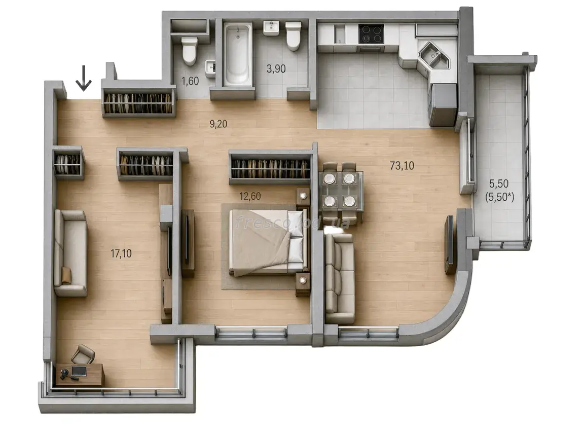Двухкомнатная квартира · 73.1 м² · ЖК Таировские сады