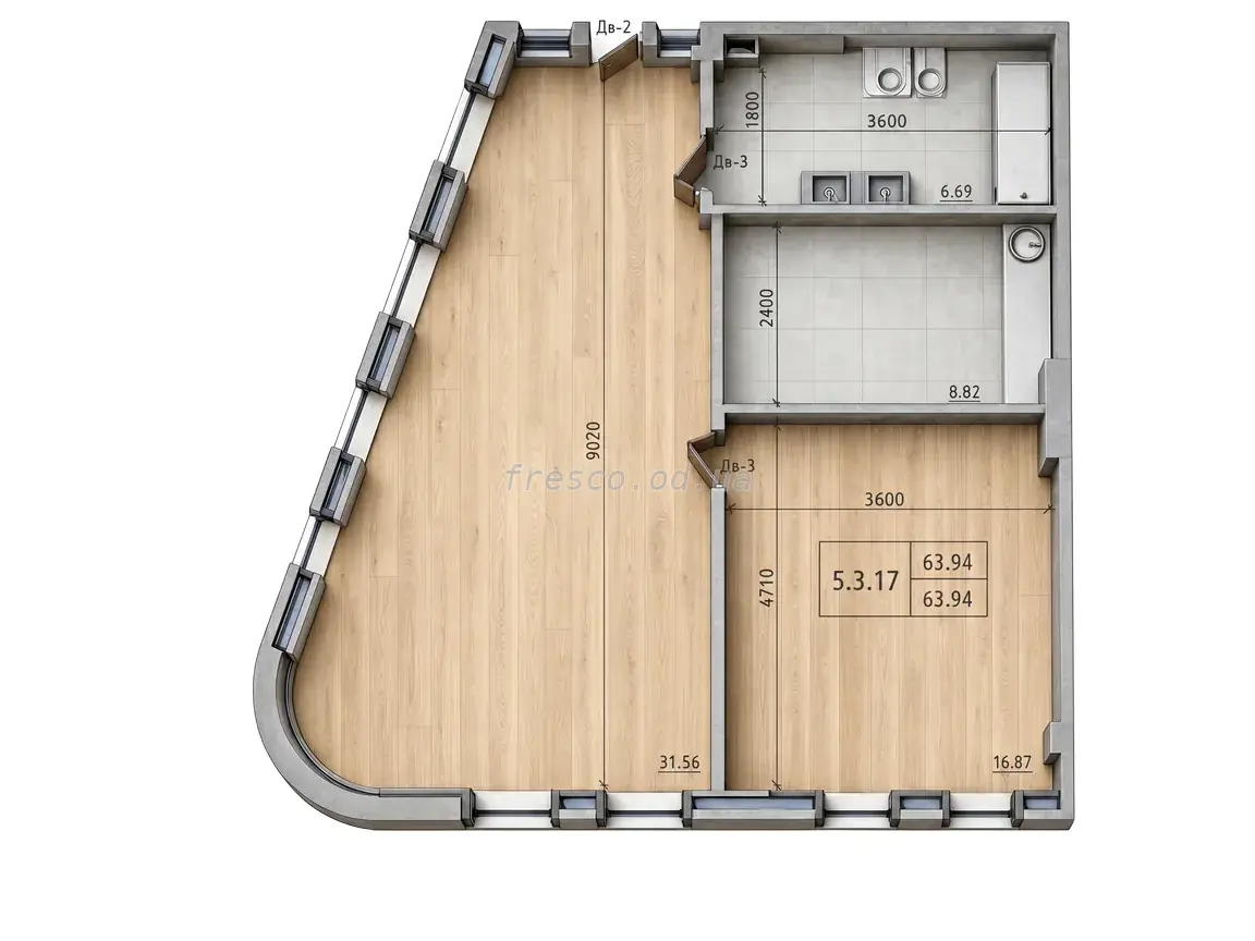 Двухкомнатные апартаменты · 63.94 м² · Пространство у Стамбульского парка