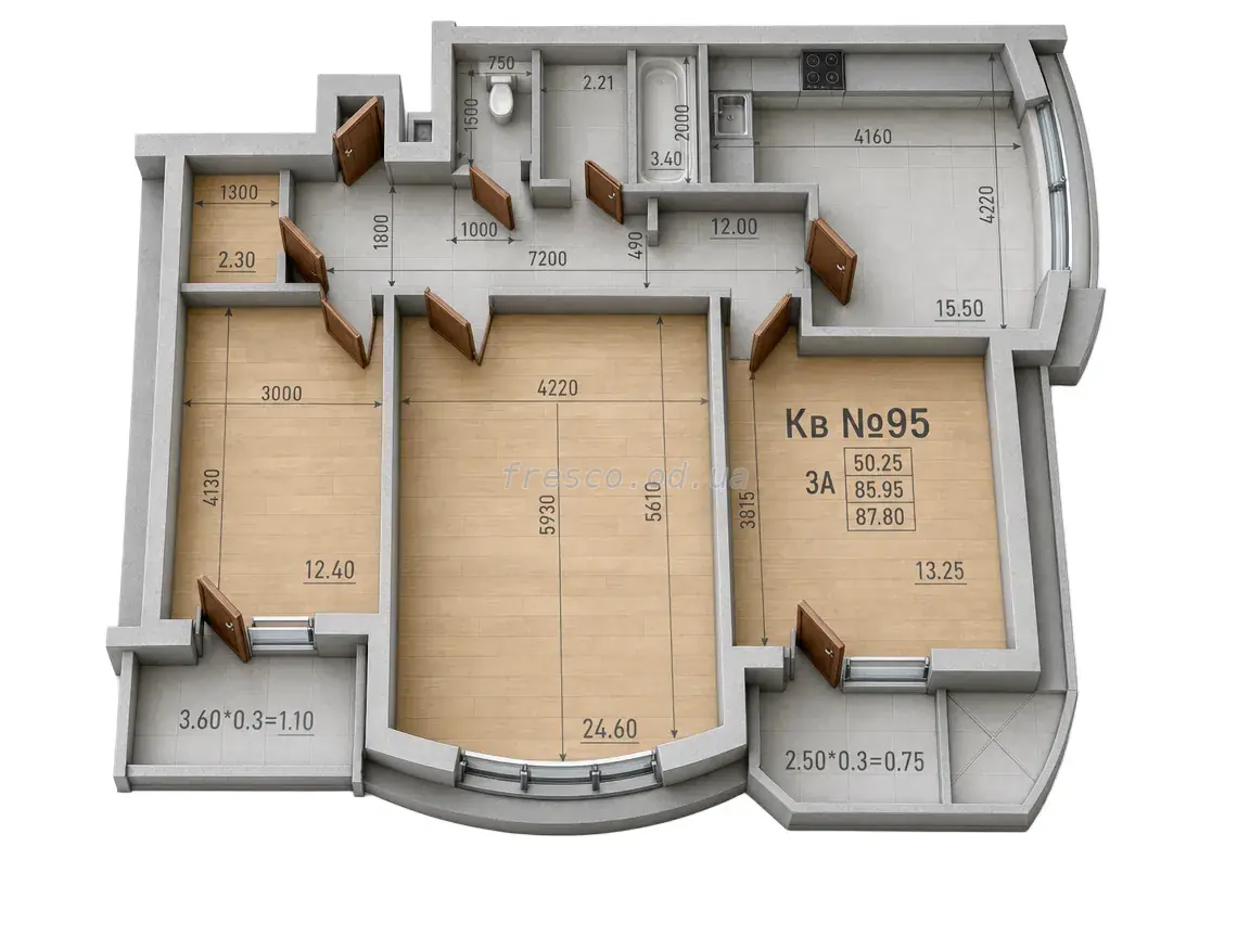 Трёхкомнатная квартира · 87.8 м² · ЖК Parkside