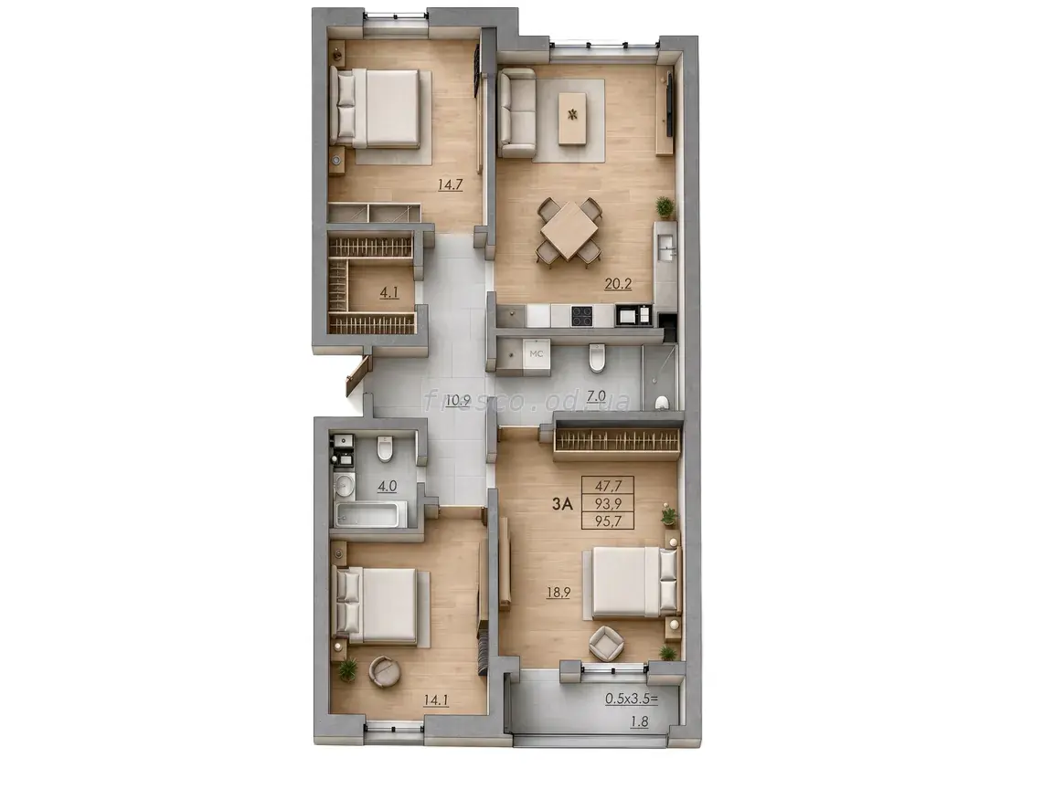 Трёхкомнатная · 95.7 м² · ЖК RealPark (Реал Парк)