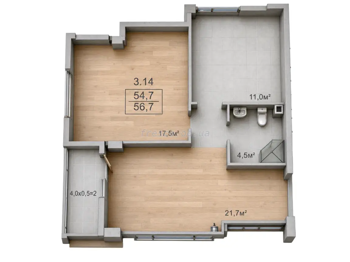 Двухкомнатные апартаменты · 56.7 м² · ЖК Бриз Марин