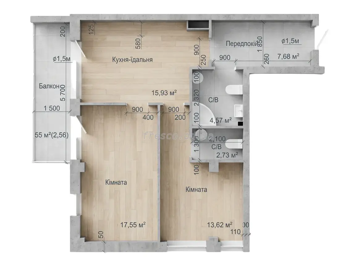 Двухкомнатная квартира · 64.64 м² · ЖК Art House