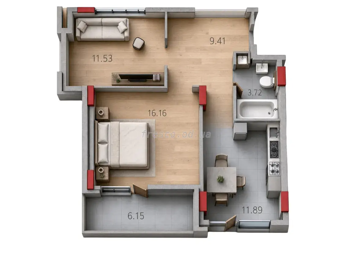 Двухкомнатная квартира · 55.96 м² · ЖК Дерби