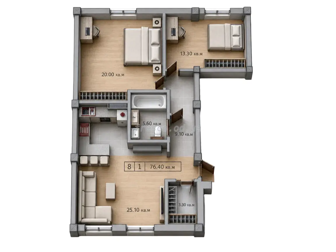 Двухкомнатная квартира · 76.4 м² · Малый Марсель 2